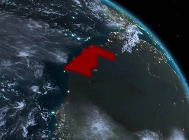 Gece yukarıda Batı Sahra modeli gezegeninin uzaydaki bir Kırmızı vurgulanır. 3D çizim. Nasa tarafından döşenmiş bu görüntü unsurları.