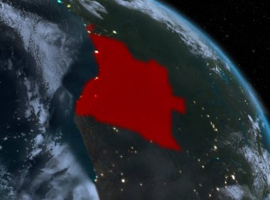 Gece yukarıda Angola modeli gezegeninin uzaydaki bir kırmızı vurgulanır. 3D çizim. Nasa tarafından döşenmiş bu görüntü unsurları.