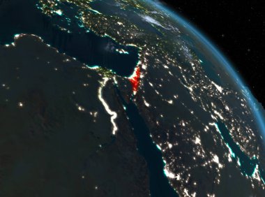 Gece yukarıda İsrail modeli gezegeninin uzaydaki bir kırmızı vurgulanır. 3D çizim. Nasa tarafından döşenmiş bu görüntü unsurları.