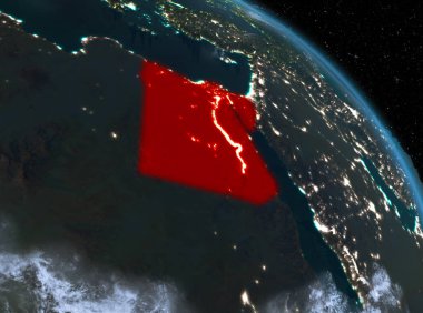 Gece yukarıda Mısır modeli gezegeninin uzaydaki bir Kırmızı vurgulanır. 3D çizim. Nasa tarafından döşenmiş bu görüntü unsurları.