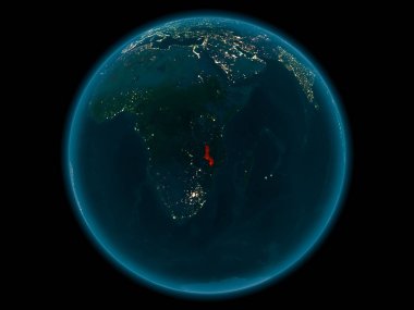 Gece yukarıda Malavi modeli gezegeninin uzaydaki bir kırmızı vurgulanır. 3D çizim. Nasa tarafından döşenmiş bu görüntü unsurları.