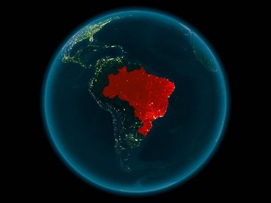 Gece yukarıda Brezilya modeli gezegeninin uzaydaki bir Kırmızı vurgulanır. 3D çizim. Nasa tarafından döşenmiş bu görüntü unsurları.