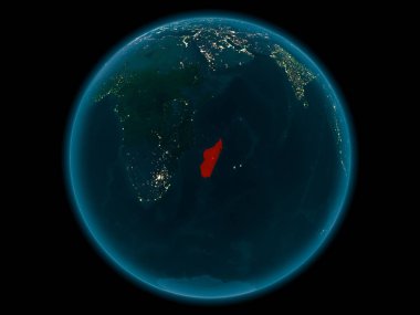 Gece yukarıda Madagaskar modeli gezegeninin uzaydaki bir Kırmızı vurgulanır. 3D çizim. Nasa tarafından döşenmiş bu görüntü unsurları.