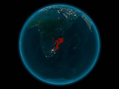Gece yukarıda Mozambik modeli gezegeninin uzaydaki bir Kırmızı vurgulanır. 3D çizim. Nasa tarafından döşenmiş bu görüntü unsurları.