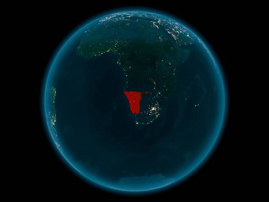 Gece yukarıda Namibya modeli gezegeninin uzaydaki bir kırmızı vurgulanır. 3D çizim. Nasa tarafından döşenmiş bu görüntü unsurları.