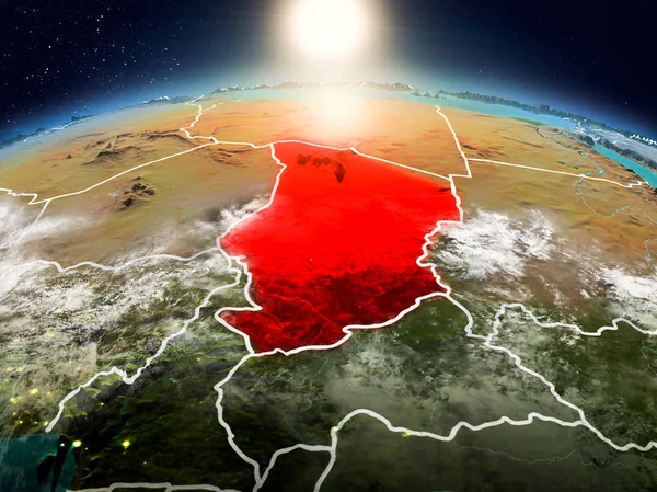 Sunrise modeli görünür ülke sınırları ile uzayda Dünya gezegeninin bir Kırmızı vurgulanır Chad yukarıda. 3D çizim. Nasa tarafından döşenmiş bu görüntü unsurları.