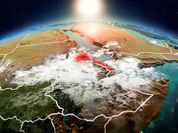 Sunrise modeli görünür ülke sınırları ile uzayda Dünya gezegeninin bir Kırmızı vurgulanır Eritre yukarıda. 3D çizim. Nasa tarafından döşenmiş bu görüntü unsurları.