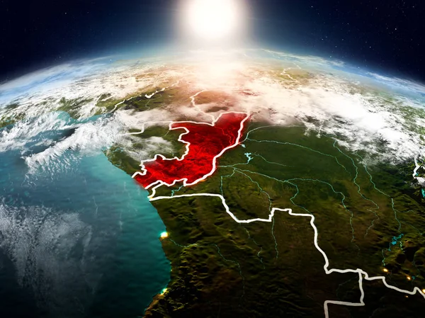 Sunrise Kongo kırmızı modeli görünür ülke sınırları ile uzayda Dünya gezegeninin vurgulanmış yukarıda. 3D çizim. Nasa tarafından döşenmiş bu görüntü unsurları.