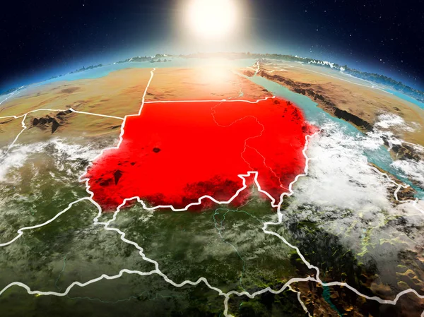 Sunrise yukarıda Sudan modeli görünür ülke sınırları ile uzayda Dünya gezegeninin bir Kırmızı vurgulanır. 3D çizim. Nasa tarafından döşenmiş bu görüntü unsurları.