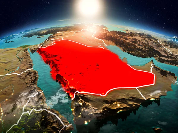 Sunrise yukarıda Suudi Arabistan modeli görünür ülke sınırları ile uzayda Dünya gezegeninin bir Kırmızı vurgulanır. 3D çizim. Nasa tarafından döşenmiş bu görüntü unsurları.