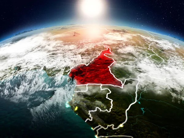 Sunrise modeli görünür ülke sınırları ile uzayda Dünya gezegeninin bir Kırmızı vurgulanır Kamerun yukarıda. 3D çizim. Nasa tarafından döşenmiş bu görüntü unsurları.