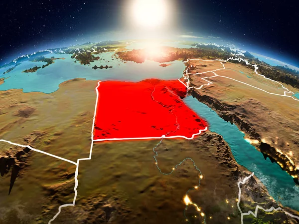 Sunrise yukarıda Mısır modeli görünür ülke sınırları ile uzayda Dünya gezegeninin bir Kırmızı vurgulanır. 3D çizim. Nasa tarafından döşenmiş bu görüntü unsurları.