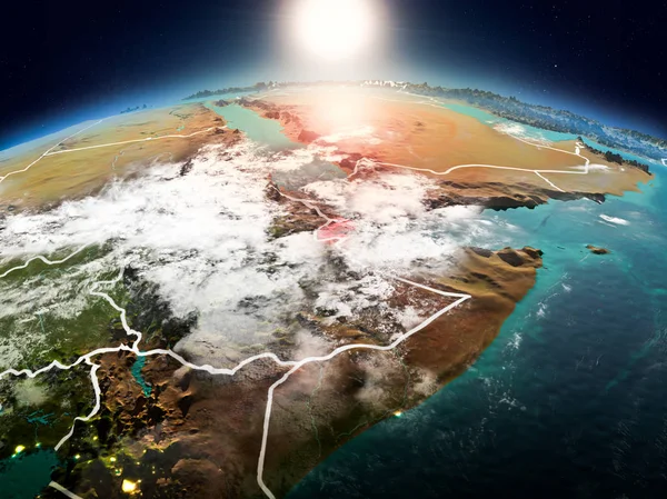 Sunrise modeli görünür ülke sınırları ile uzayda Dünya gezegeninin bir Kırmızı vurgulanır Cibuti yukarıda. 3D çizim. Nasa tarafından döşenmiş bu görüntü unsurları.