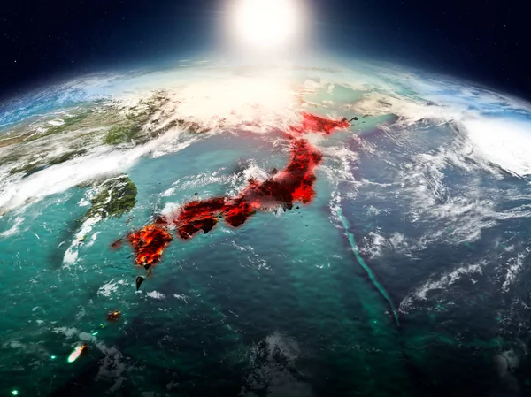 Схід Сонця Над Японії Виділено Червоним Кольором Моделі Планети Земля — стокове фото