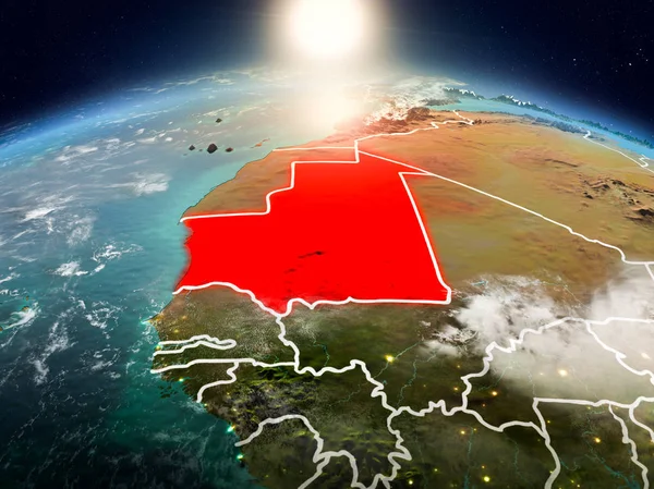 Sunrise modeli görünür ülke sınırları ile uzayda Dünya gezegeninin bir kırmızı vurgulanır Moritanya yukarıda. 3D çizim. Nasa tarafından döşenmiş bu görüntü unsurları.