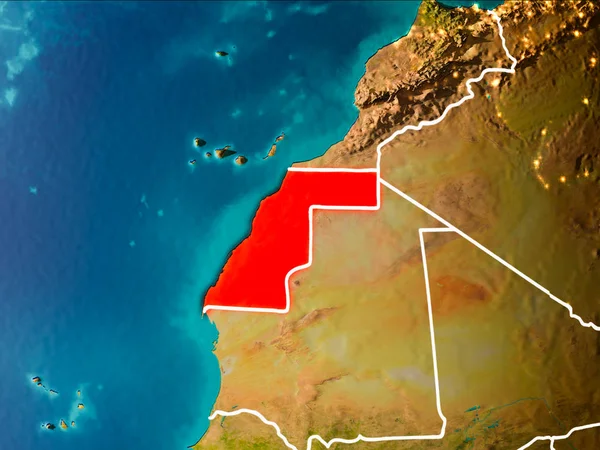 Western Sahara in the morning highlighted in red on planet Earth with visible border lines and city lights. 3D illustration. Elements of this image furnished by NASA.