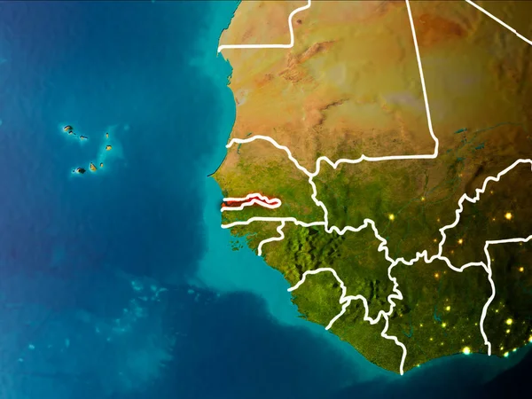 Gambiya sabahları Planet Earth görünür kenarlık çizgileri ve şehir ışıkları kırmızı vurgulanır. 3D çizim. Nasa tarafından döşenmiş bu görüntü unsurları.