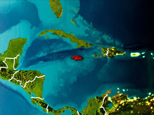 Jamaica Ochtend Het Rood Planeet Aarde Met Zichtbare Randen Stadslichten — Stockfoto