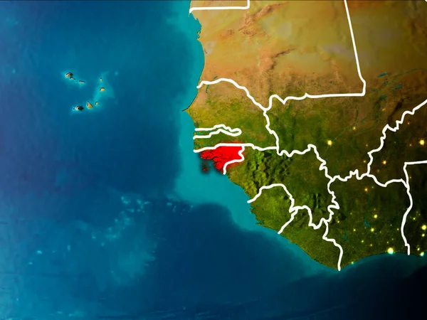 Gine-Bissau sabahları Planet Earth görünür kenarlık çizgileri ve şehir ışıkları kırmızı vurgulanır. 3D çizim. Nasa tarafından döşenmiş bu görüntü unsurları.