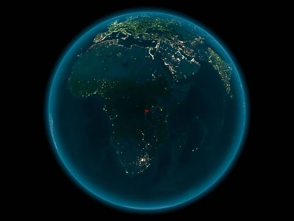 Notte Sopra Ruanda Evidenziato Rosso Sul Modello Del Pianeta Terra — Foto Stock