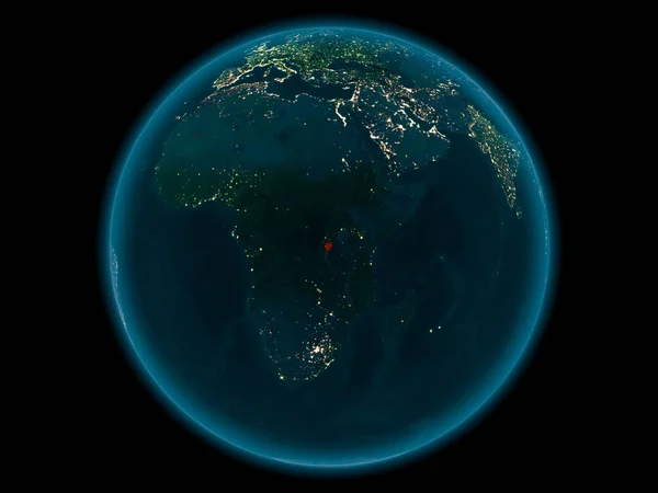 在布隆迪上空的夜晚 在太空中的行星地球模型上以红色突出显示 Nasa 提供的这个图像的元素 — 图库照片