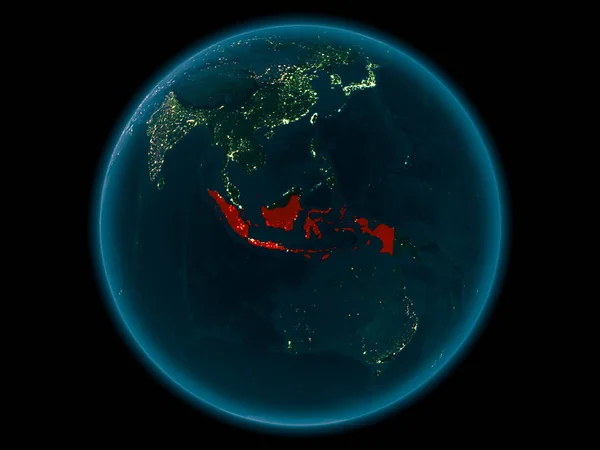 地球空間内のモデルの赤で強調表示されているインドネシアの上の夜 イラスト Nasa から提供されたこのイメージの要素 — ストック写真