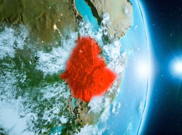 Etiyopya ile son derece detaylı yüzey dokuları ile gündoğumu sırasında bulutlar Dünya gezegeninin yörüngeden. 3D çizim. Nasa tarafından döşenmiş bu görüntü unsurları.