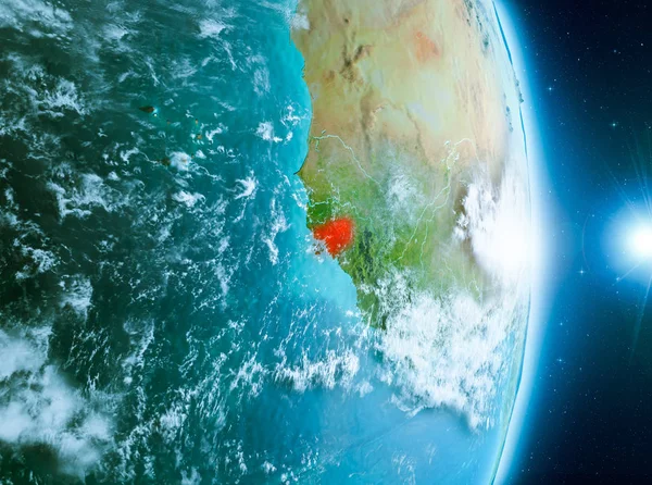 Gine-Bissau ile son derece detaylı yüzey dokuları ile gündoğumu sırasında bulutlar Dünya gezegeninin yörüngeden. 3D çizim. Nasa tarafından döşenmiş bu görüntü unsurları.