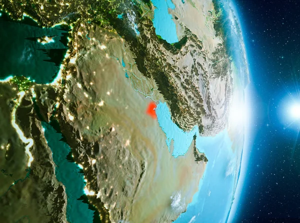 Son derece detaylı yüzey dokuları ile gündoğumu sırasında bulutlar ile Dünya gezegeninin yörüngesine Kuveyt'ten. 3D çizim. Nasa tarafından döşenmiş bu görüntü unsurları.