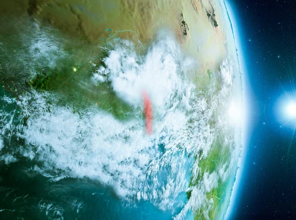 Togo bulutlar çok detaylı yüzey dokuları ile gündoğumu sırasında ile Dünya gezegeninin yörüngeden. 3D çizim. Nasa tarafından döşenmiş bu görüntü unsurları.