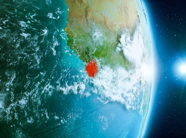 Sierra Leone ile son derece detaylı yüzey dokuları ile gündoğumu sırasında bulutlar Dünya gezegeninin yörüngeden. 3D çizim. Nasa tarafından döşenmiş bu görüntü unsurları.
