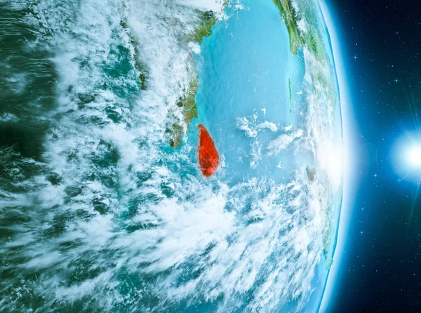 Sri Lanka ile son derece detaylı yüzey dokuları ile gündoğumu sırasında bulutlar Dünya gezegeninin yörüngeden. 3D çizim. Nasa tarafından döşenmiş bu görüntü unsurları.