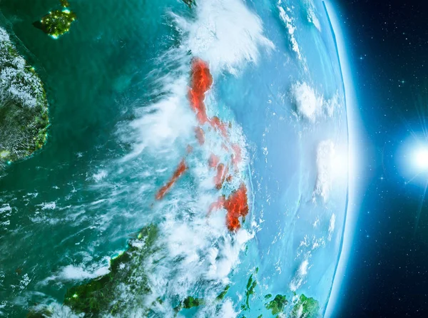 Türkiye son derece detaylı yüzey dokuları ile gündoğumu sırasında bulutlar ile Dünya gezegeninin yörüngeden. 3D çizim. Nasa tarafından döşenmiş bu görüntü unsurları.