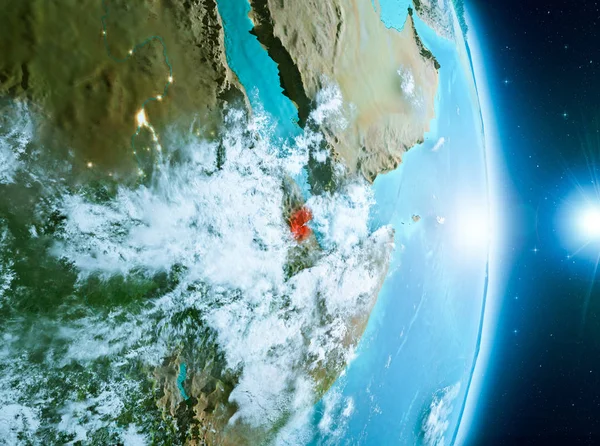 Cibuti ile son derece detaylı yüzey dokuları ile gündoğumu sırasında bulutlar Dünya gezegeninin yörüngeden. 3D çizim. Nasa tarafından döşenmiş bu görüntü unsurları.