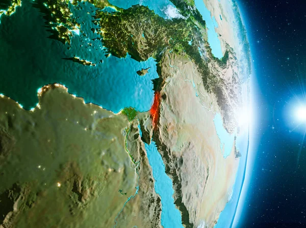 İsrail ile son derece detaylı yüzey dokuları ile gündoğumu sırasında bulutlar Dünya gezegeninin yörüngeden. 3D çizim. Nasa tarafından döşenmiş bu görüntü unsurları.