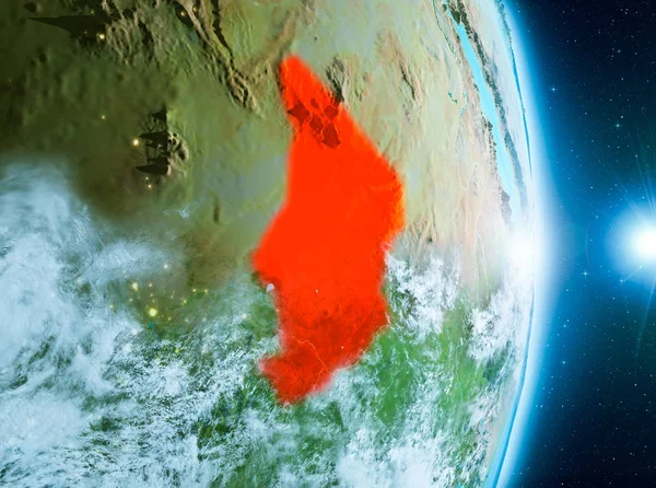 Chad ile son derece detaylı yüzey dokuları ile gündoğumu sırasında bulutlar Dünya gezegeninin yörüngeden. 3D çizim. Nasa tarafından döşenmiş bu görüntü unsurları.