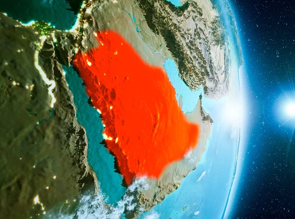 Suudi Arabistan ile son derece detaylı yüzey dokuları ile gündoğumu sırasında bulutlar Dünya gezegeninin yörüngeden. 3D çizim. Nasa tarafından döşenmiş bu görüntü unsurları.