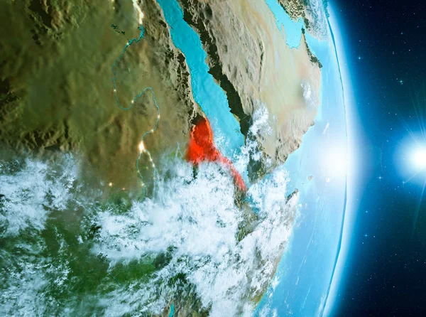 Eritre bulutlar çok detaylı yüzey dokuları ile gündoğumu sırasında ile Dünya gezegeninin yörüngeden. 3D çizim. Nasa tarafından döşenmiş bu görüntü unsurları.