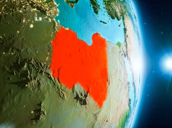 Libya ile son derece detaylı yüzey dokuları ile gündoğumu sırasında bulutlar Dünya gezegeninin yörüngeden. 3D çizim. Nasa tarafından döşenmiş bu görüntü unsurları.