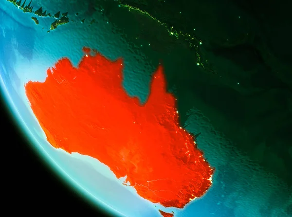 Country of Australia in red on planet Earth in the evening. 3D illustration. Elements of this image furnished by NASA.