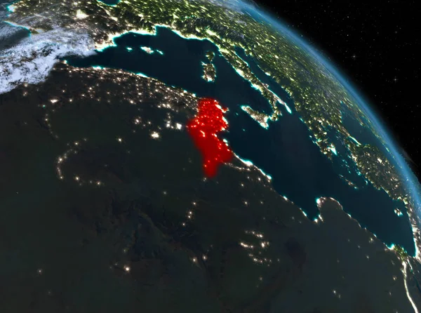 Gece yukarıda Tunus modeli gezegeninin uzaydaki bir kırmızı vurgulanır. 3D çizim. Nasa tarafından döşenmiş bu görüntü unsurları.