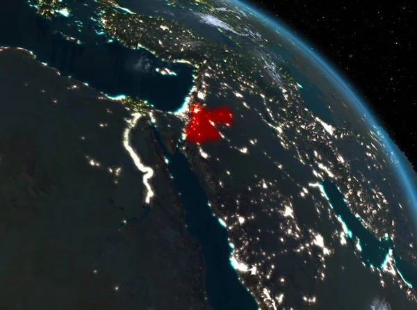 Night above Jordan highlighted in red on model of planet Earth in space. 3D illustration. Elements of this image furnished by NASA.