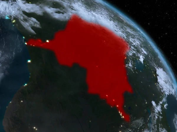 Gece modeli gezegeninin uzaydaki bir kırmızı vurgulanır Kongo Demokratik Cumhuriyeti yukarıda. 3D çizim. Nasa tarafından döşenmiş bu görüntü unsurları.