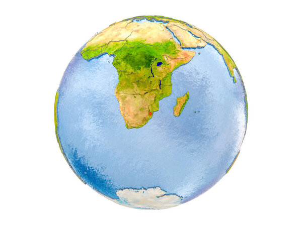 Swaziland highlighted in red on model of Earth. 3D illustration isolated on white background. Elements of this image furnished by NASA.