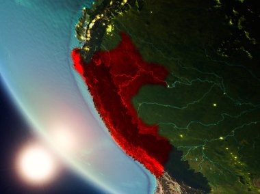 Planet Earth görünür ülke sınırları ile kırmızı günbatımı sırasında vurgulanan Peru uydu görüntüsü. 3D çizim. Nasa tarafından döşenmiş bu görüntü unsurları.