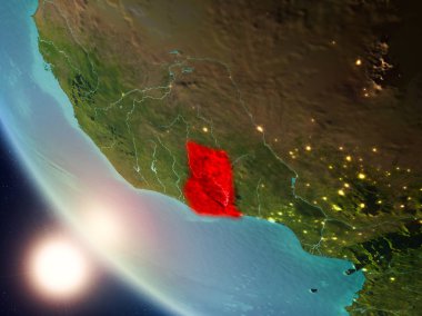 Planet Earth görünür ülke sınırları ile kırmızı günbatımı sırasında vurgulanan Gana uydu görünümü. 3D çizim. Nasa tarafından döşenmiş bu görüntü unsurları.