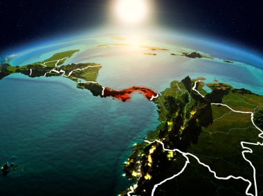 Sunrise modeli görünür ülke sınırları ile uzayda Dünya gezegeninin bir Kırmızı vurgulanır Panama yukarıda. 3D çizim. Nasa tarafından döşenmiş bu görüntü unsurları.