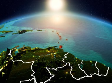 Sunrise modeli görünür ülke sınırları ile uzayda Dünya gezegeninin bir Kırmızı vurgulanır Caribbean yukarıda. 3D çizim. Nasa tarafından döşenmiş bu görüntü unsurları.