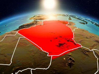 Yukarıda kırmızı modeli görünür ülke sınırları ile uzayda Dünya gezegeninin vurgulanmış Cezayir gündoğumu. 3D çizim. Nasa tarafından döşenmiş bu görüntü unsurları.