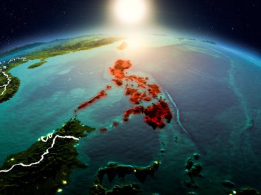 Sunrise yukarıda Türkiye modeli görünür ülke sınırları ile uzayda Dünya gezegeninin bir kırmızı vurgulanır. 3D çizim. Nasa tarafından döşenmiş bu görüntü unsurları.